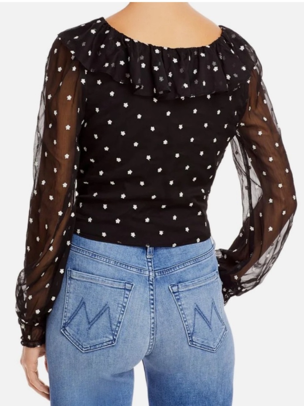 NWT Wayf Blouse XS Black White Floral Ruched Sheer Long-Sleeve Ruffle Crop Top - Picture 2 of 16